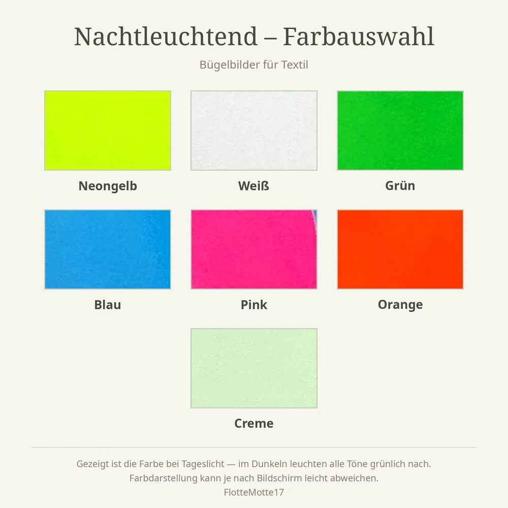 Farbübersicht der nachtleuchtenden Folie in Neongelb, Weiß, Grün, Blau, Pink, Orange und Creme