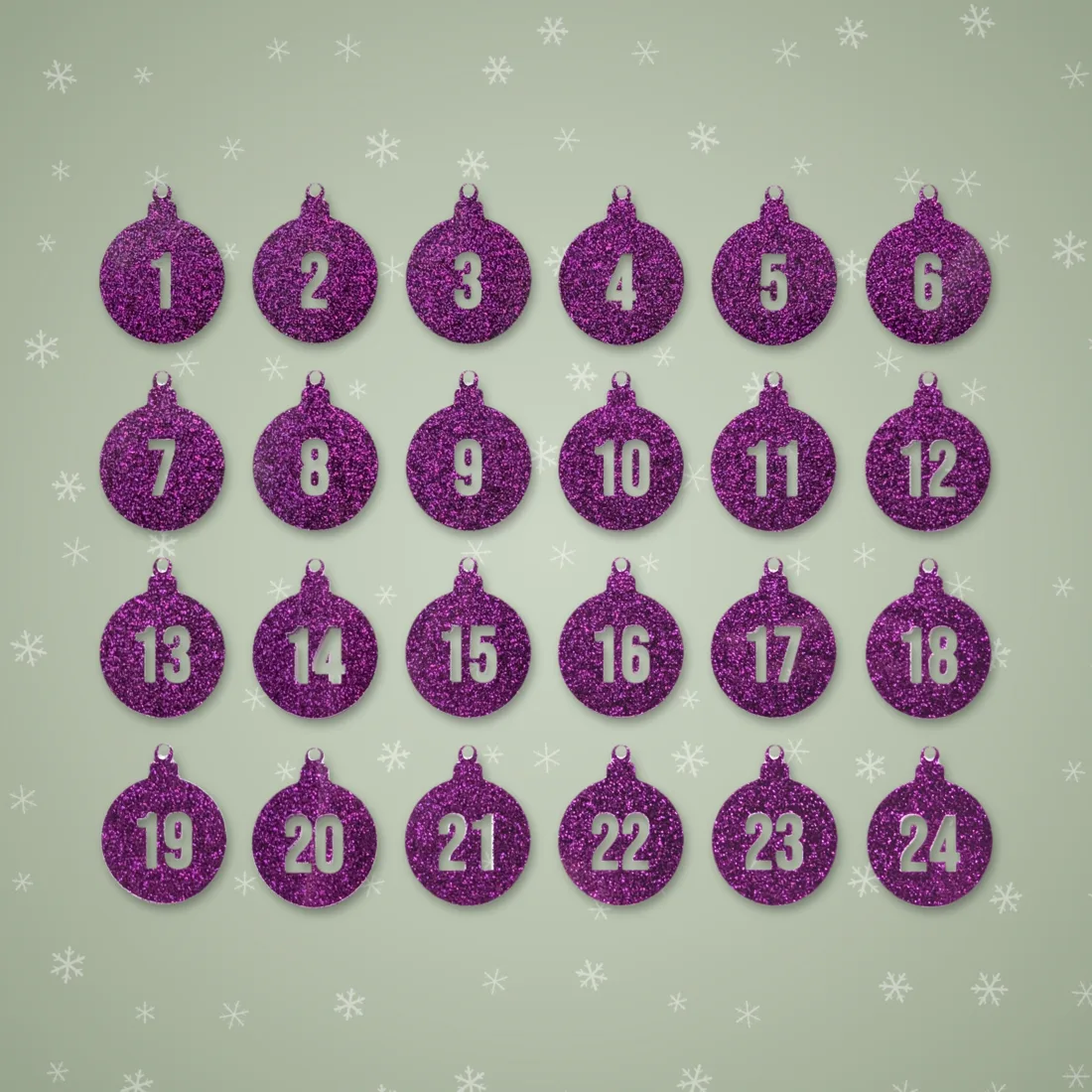24 lila glitzernde Weihnachtskugeln mit ausgeschnittenen Zahlen 1 bis 24