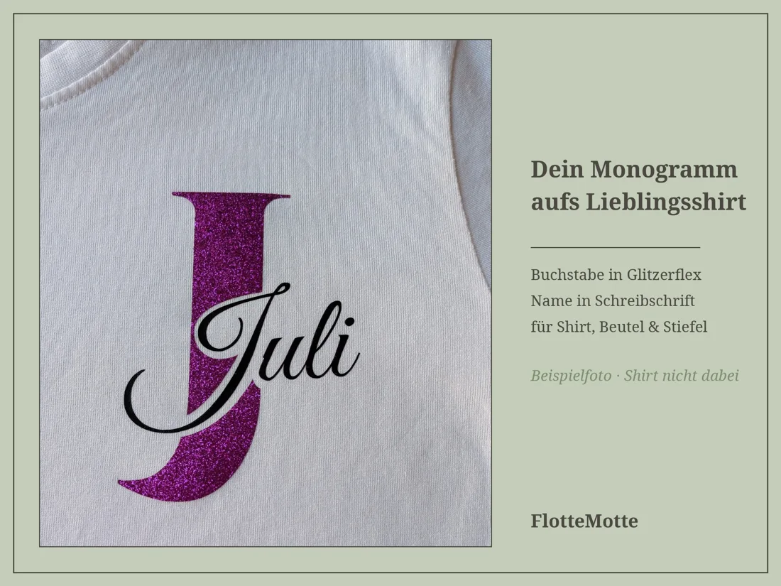 Weißes Shirt mit großem lila glitzerndem Anfangsbuchstaben und dem Namen in schwarzer Schreibschrift darüber