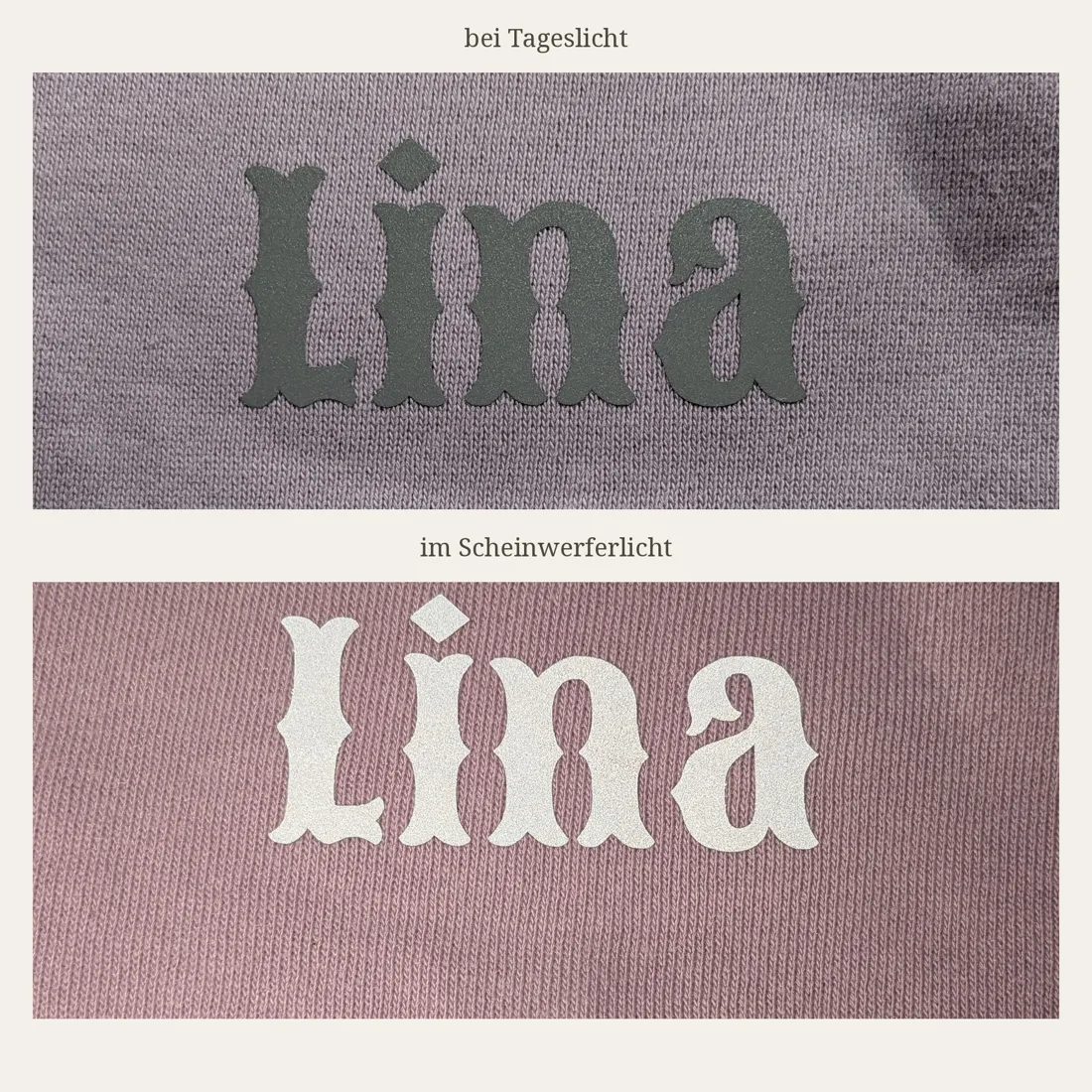 Der Name Lima als Bügelbild auf einem Shirt, oben bei Tageslicht dunkelgrau, unten im Scheinwerferlicht hell leuchtend